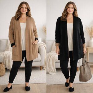 J. Jill Reversible Cardigan 2X Camel Black Knit Open Front Sweater Pockets NWT